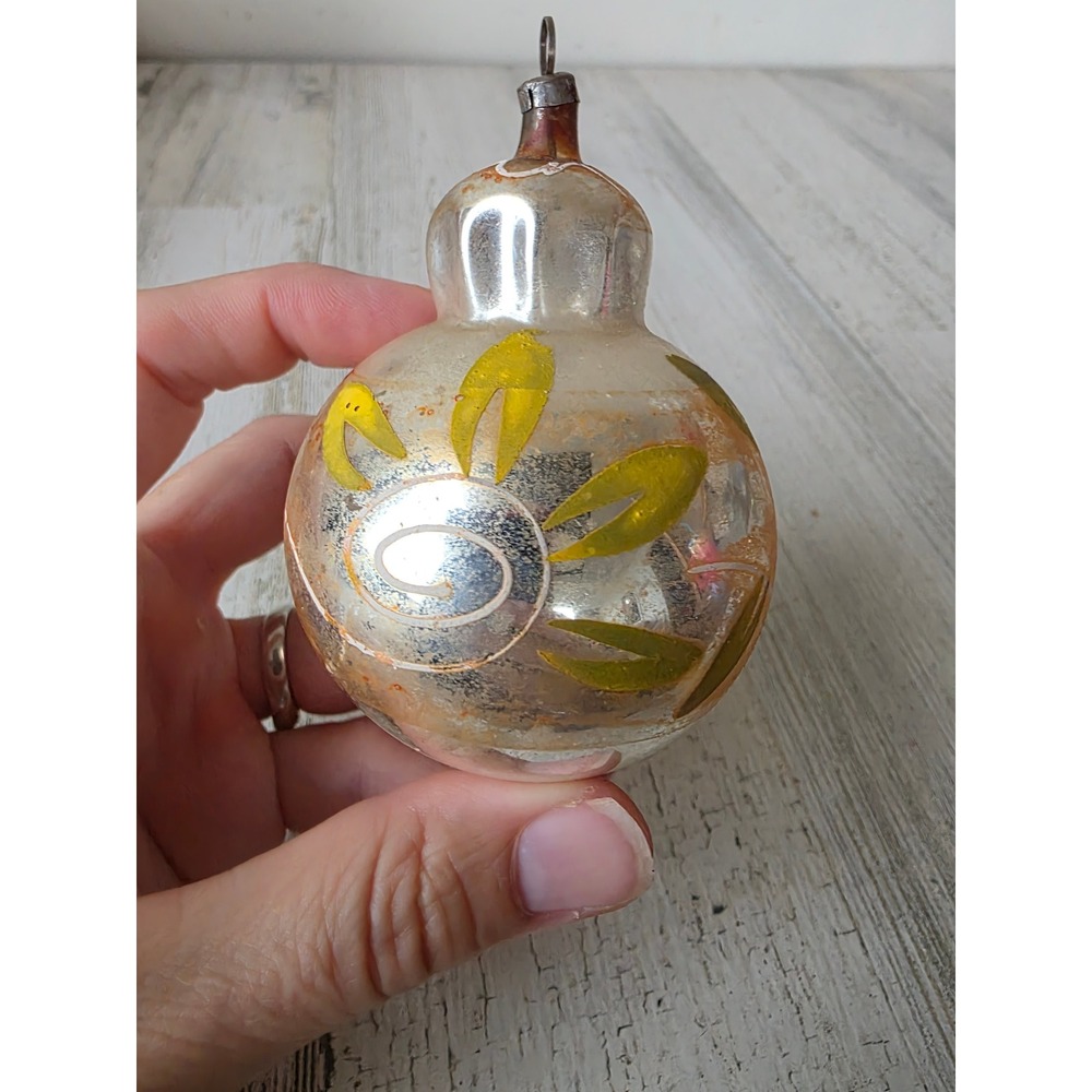 Antique flower indent glass ornament stencil swirl orange green Xmas tree